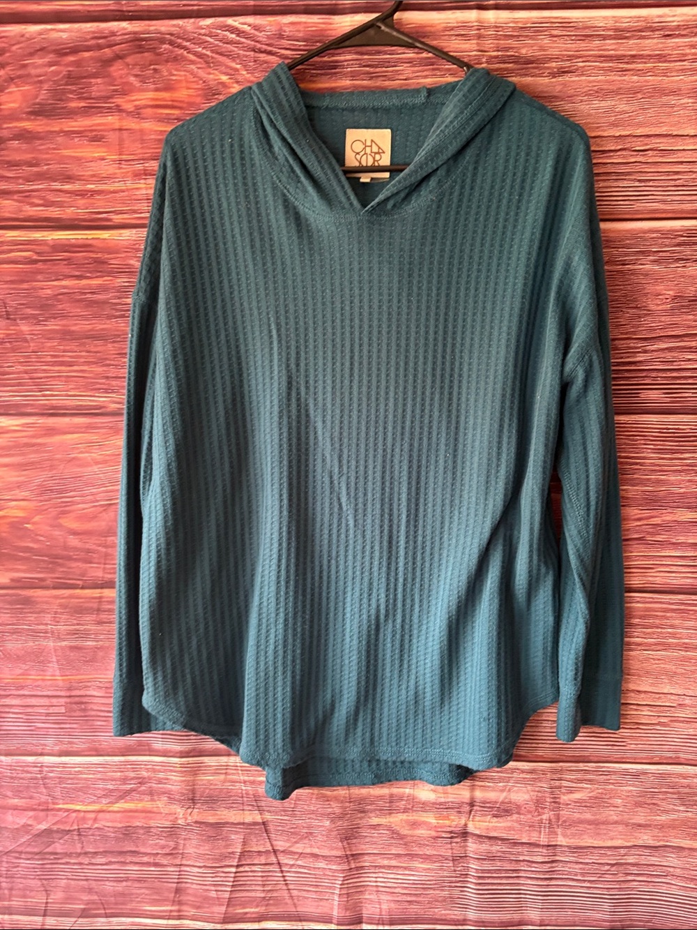 Women’s Teal V-Neck Waffle Hooded Top